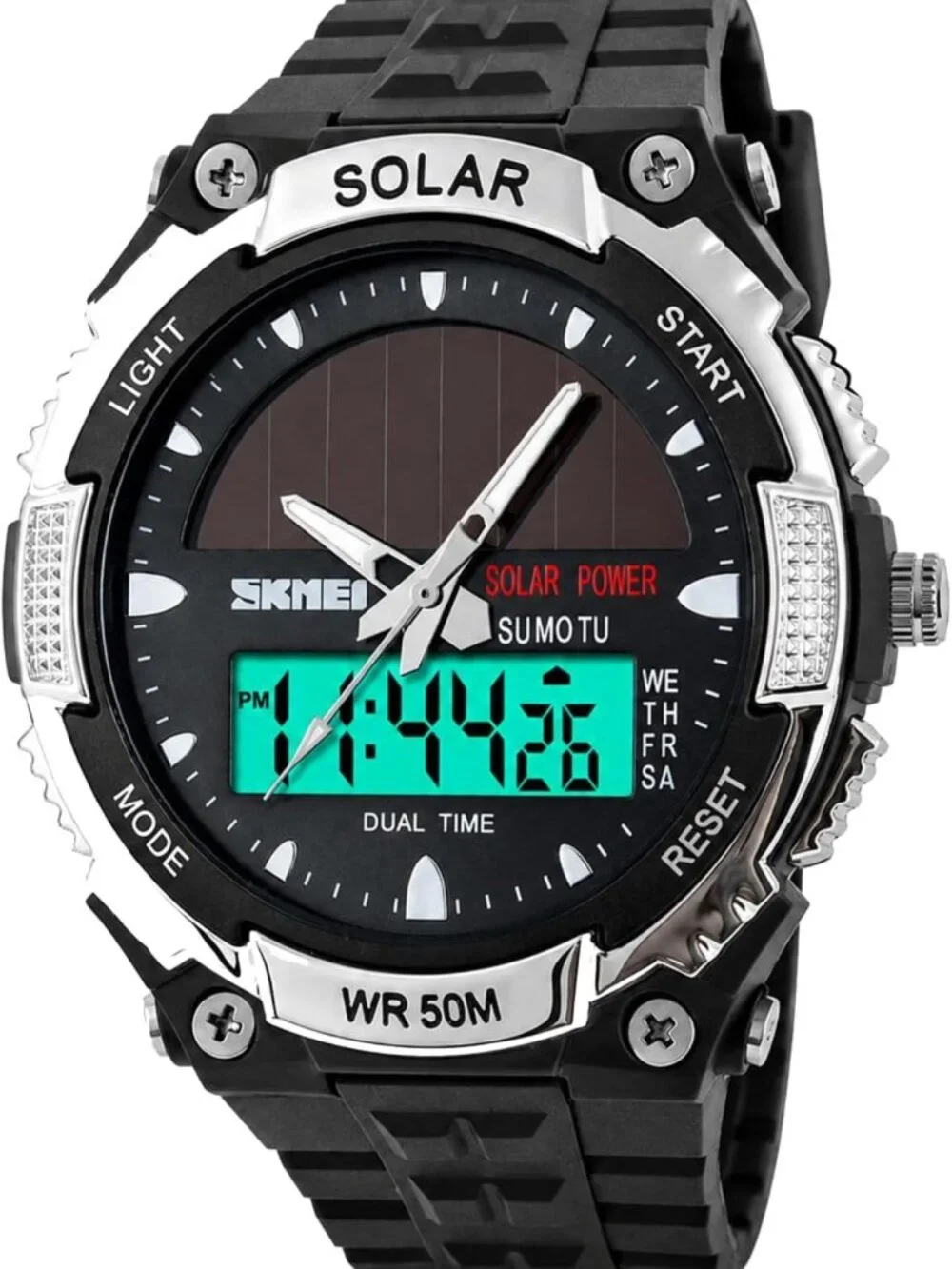 Men's Solar Powered Military Digital Watch - Waterproof, LED, 2 Time Zones